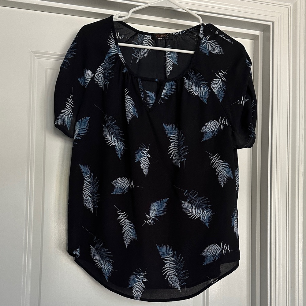 Renee C. Black Top with Blue Leaf Pattern